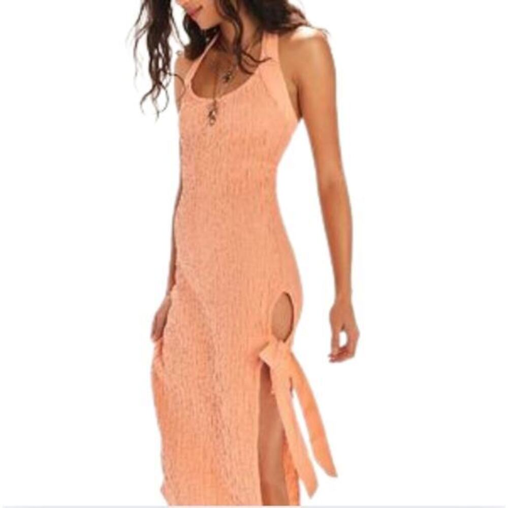 Free People Sea Foam Midi Dress S Peach Smocked Halter Cutout NWOT